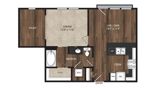 Floor plan for 1 bed, 1 bath, 641 sqft